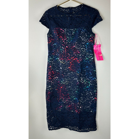 NWT Betsey Johnson Lace Overlay Floral Sheath Dress Navy Floral Women's Size 8 - Picture 5 of 13
